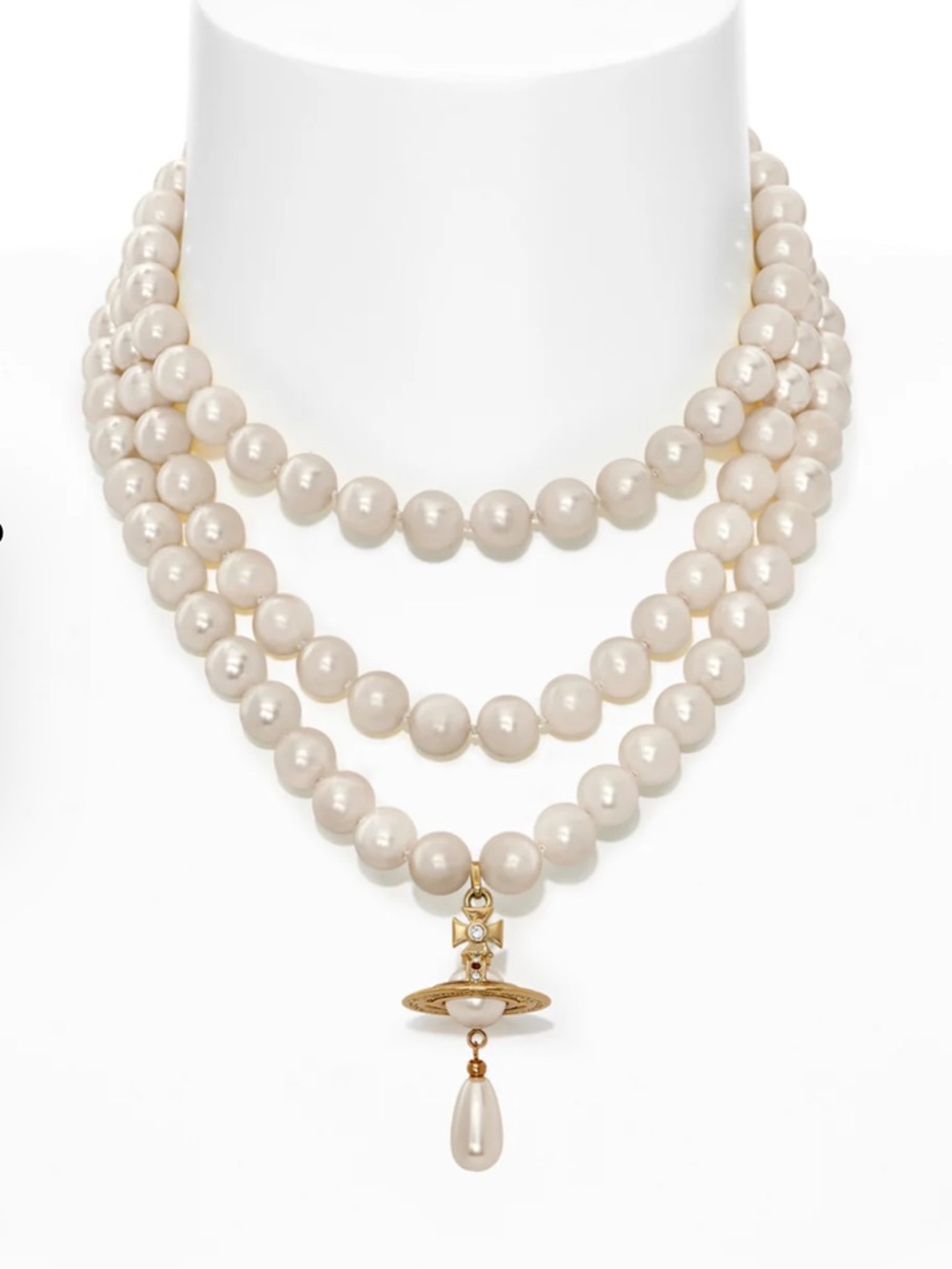 Vivienne Westwood Cream Pearl Triple-Strand Necklace with Gold Orb Pendant